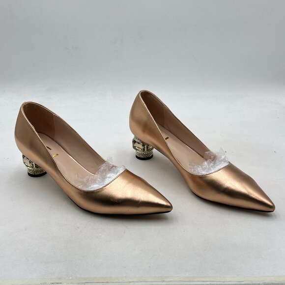 FSJ Gold Bridal Pointed Toe Block Low Heel Crystal Pumps Slip on Wedding Shoes - Picture 4 of 8